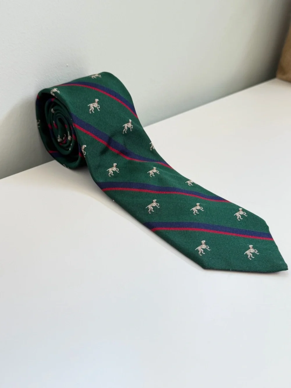 J Crew Silk Tie Green Dog Print English Novelty Preppy Ivy League‎ Necktie